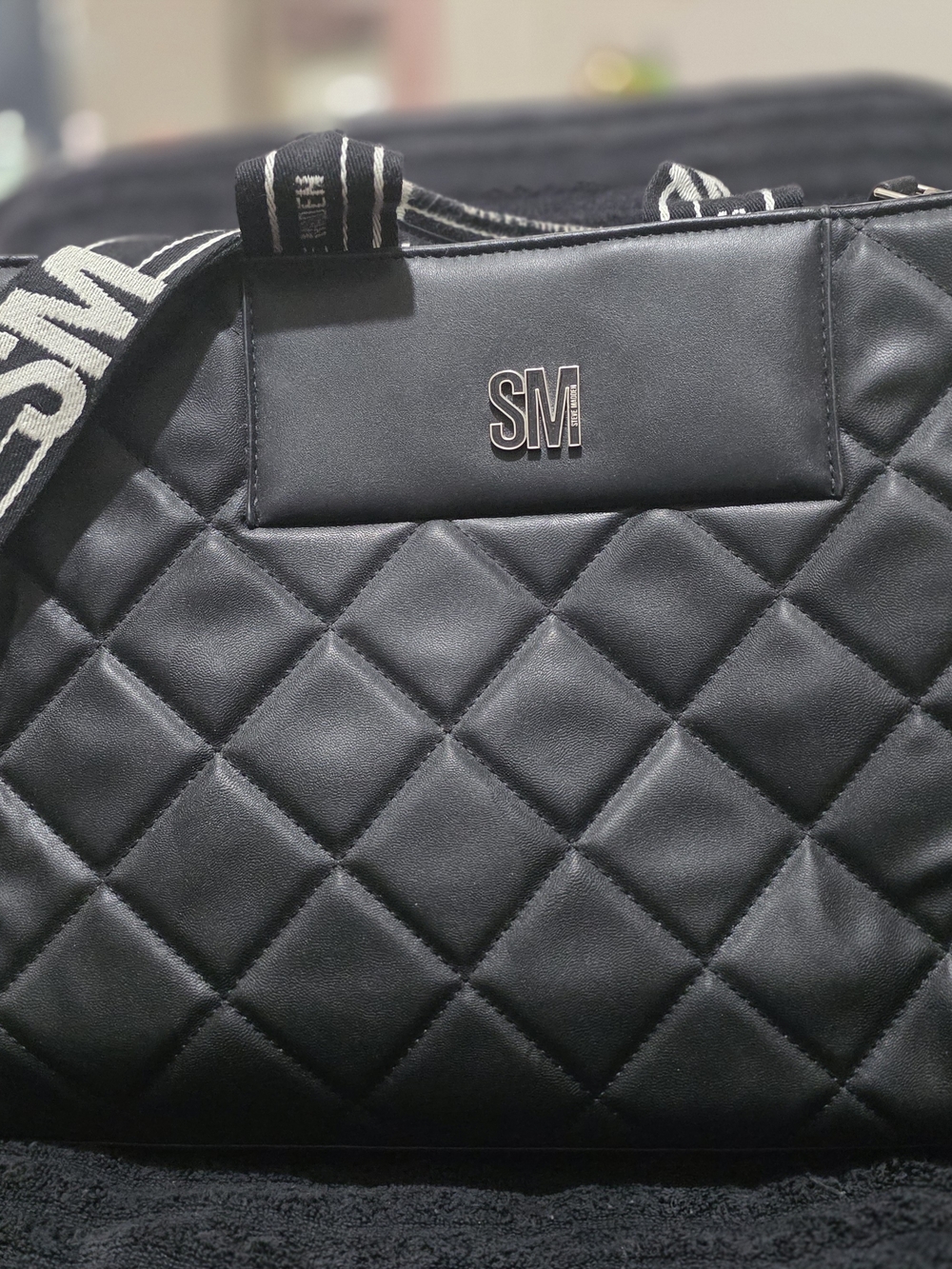 Steve Madden Black Quilted Tote with Branded Strap